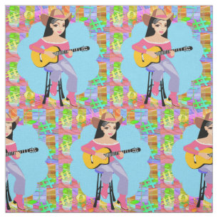 Tecido Country Western Singing Cowgirl Com Violão