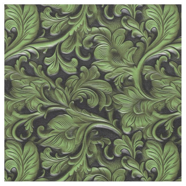 Tecido Couro floral verde chic preto trabalhado (Detalhe)