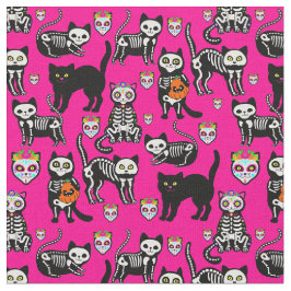Tecido crânio de gato de halloween rosa