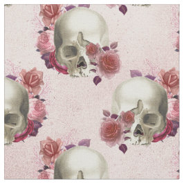 Tecido Crânios brancos e vermelhos rosa