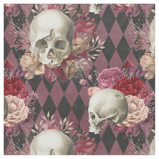 Tecido Crânios Brancos Florais e Rosa Escuro Verificados (Detalhe)