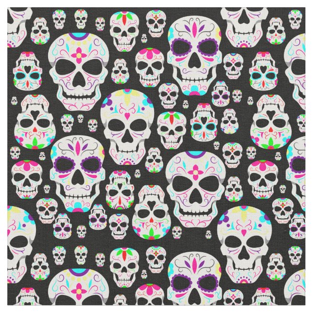Tecido crânios de açúcar gótico de halloween preto (Detalhe)