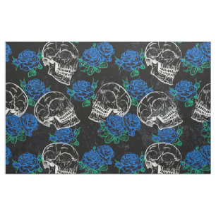 Tecido Crânios e Rosas azuis   Legal Funky Dark Grunge