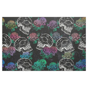 Tecido Crânios e Rosas escuros Funky Glam Grunge