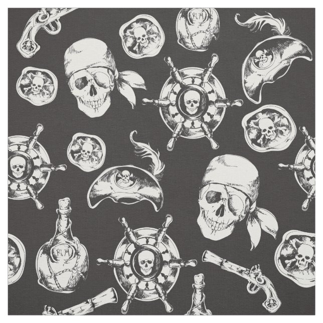 Tecido Crânios piratas padrão branco preto (Modelo)