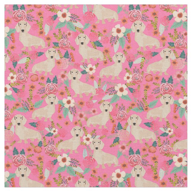 Tecido Cream dachshund dogs florais cor-de-rosa (Detalhe)
