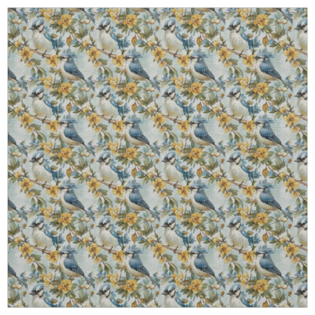 Tecido Create Your Own Blue Jays Yellow Flowers Green (Modelo)