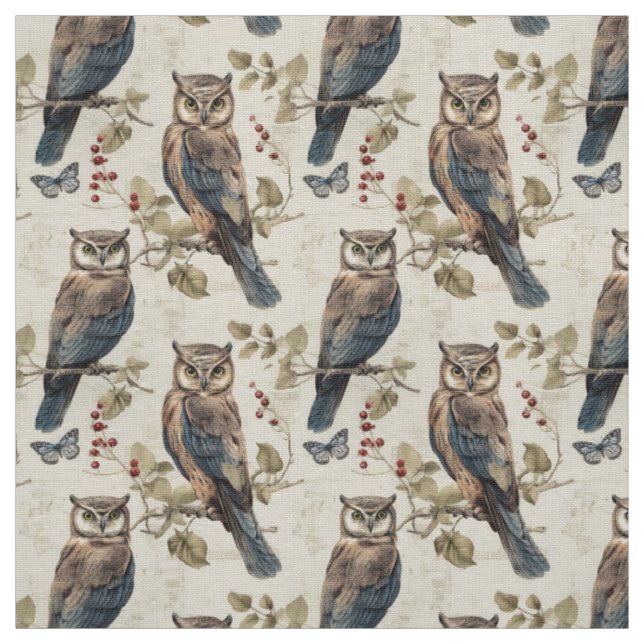 Tecido Create Your Own Brown Blue Owls Butterflies (Modelo)