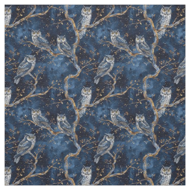Tecido Create Your Own Mystical Blue Gold Winter Owls (Modelo)