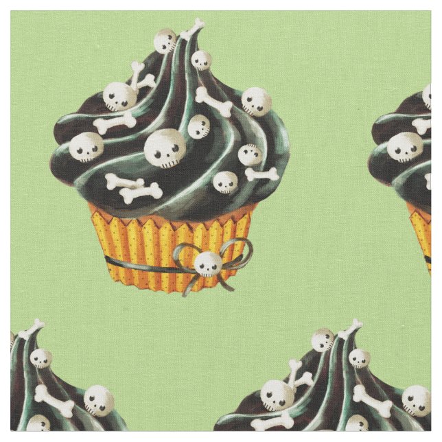 Tecido Cupcake preto do Dia das Bruxas com crânios (Detalhe)