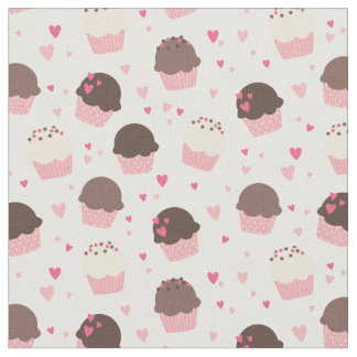 Tecido Cupcakes bonitos e corações no rosa e no Brown