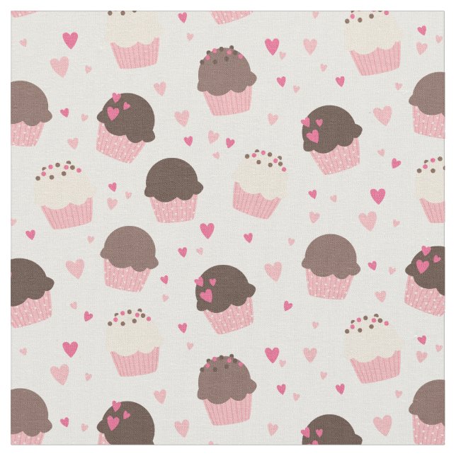 Tecido Cupcakes bonitos e corações no rosa e no Brown (Detalhe)