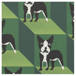 Tecido Curioso Boston Terrier em Cubos Verdes