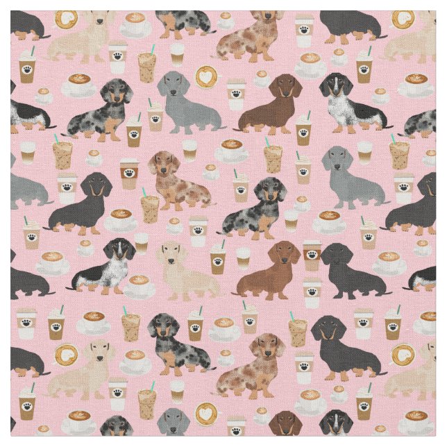 Tecido Dachshund Cães, café, rosa (Detalhe)