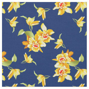 Tecido Daffodilos amarelos em azul Marinho