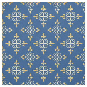 Tecido Damasco floral azul e Dourado luxuoso de Quatre