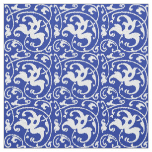 Tecido Damasco floral de Ikat - azuis cobaltos e branco