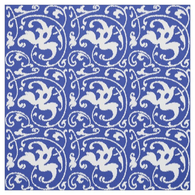 Tecido Damasco floral de Ikat - azuis cobaltos e branco (Modelo)