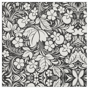 Tecido Damasco floral tropical branco preto