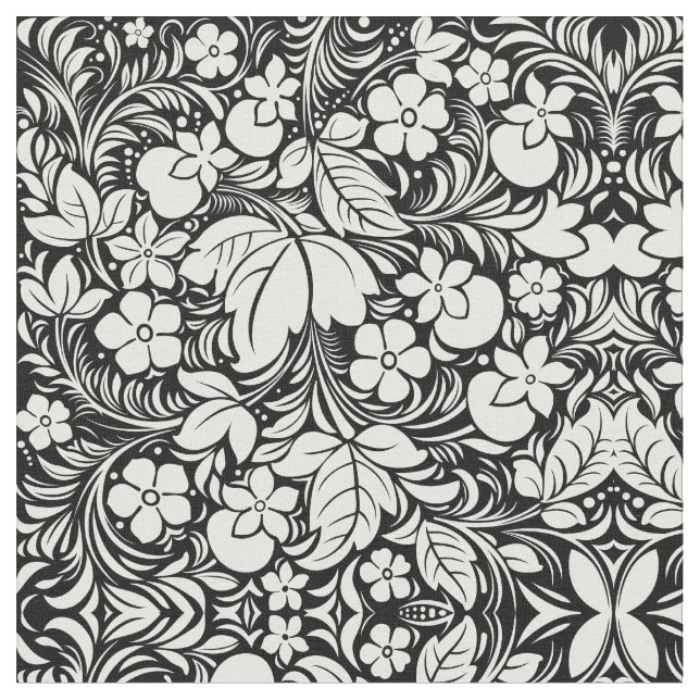 Tecido Damasco floral tropical branco preto (Detalhe)