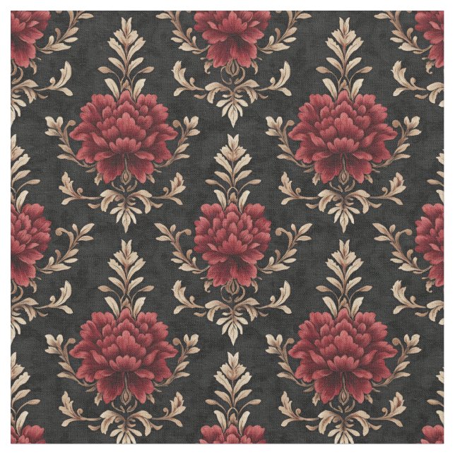 Tecido Damasco Floral vermelho e marfim em preto (Detalhe)