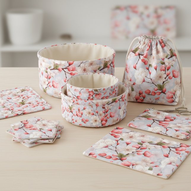 Tecido de Aquarela de Flor de Cerejeira Rosa e Bra (White & Pink Cherry Blossom Watercolor Fabric)