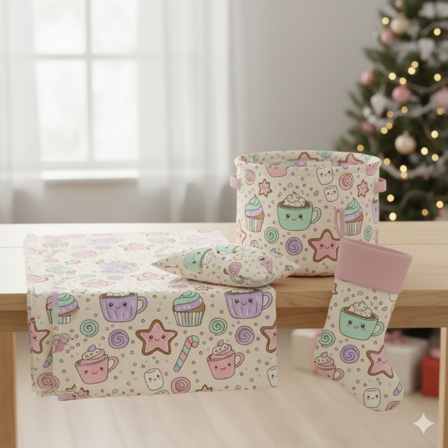 Tecido de Doces de Natal Kawaii & Cacau Quente (Cute Kawaii Christmas Treats Fabric
)
