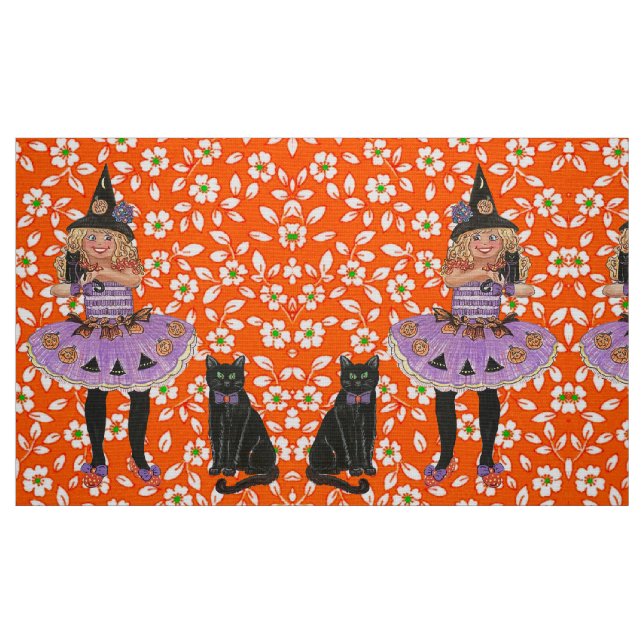 Tecido de Halloween de bruxas e gatos (Fat Quarter)