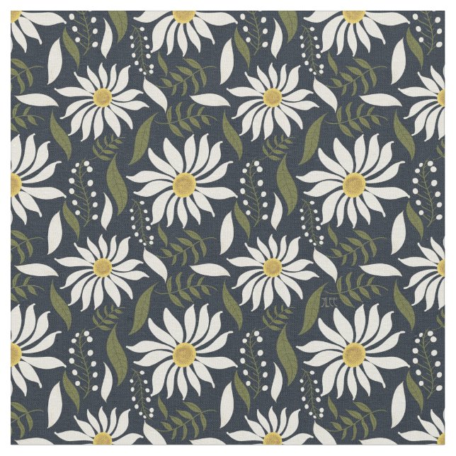 Tecido de Padrão Floral Azul-Margarida Branco (Detalhe)