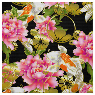 Tecido de padrão japonês com Koi, flores e mon