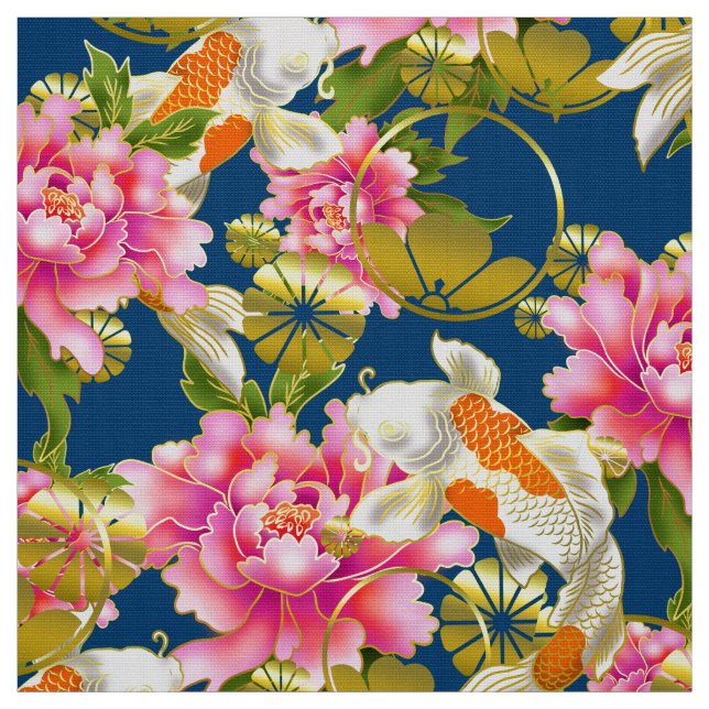 Tecido de padrão japonês com Koi, flores e mon (Modelo)