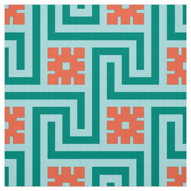 Tecido Deco Chave Grega, Turquesa, Aqua e Coral (Modelo)