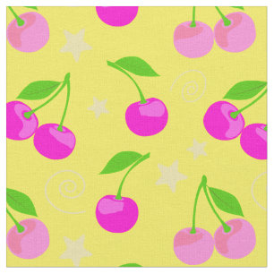 Tecido Decora Kei Padrão de Cerejas e Estrelas Amarelo Fo