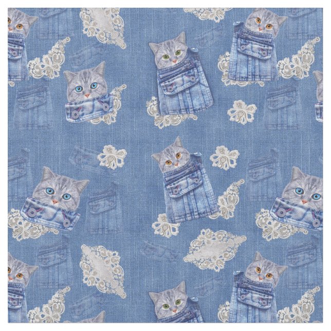 Tecido Denim Jeans com Gatinhos e Repetições de rendas (Detalhe)