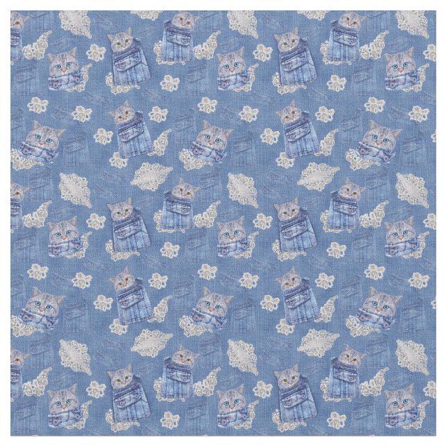 Tecido Denim Jeans com Gatinhos e Repetições de rendas (Detalhe)