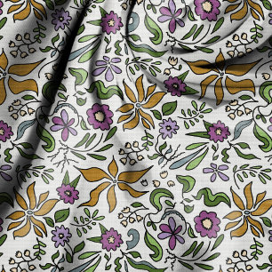 Tecido Desenho Botânico de Flores Douradas Desenhadas à M