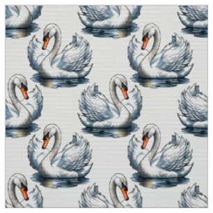 Tecido Desenho de padrão de aves cisnes em branco