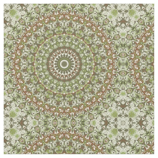 Tecido Desenho de Padrão de Mandala Verde Terroso e Marro (Detalhe)