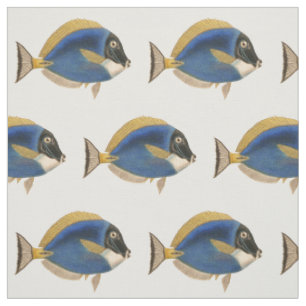 Tecido Desenho de Peixe Tropical Vintage Azul Dourado