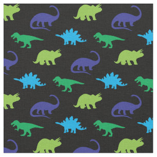 Tecido Dinossauros Cute Silhuettes Azuis e Crianças Verd
