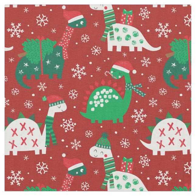 Tecido Dinossauros de Natal bonitos em vermelho bordéus (Detalhe)