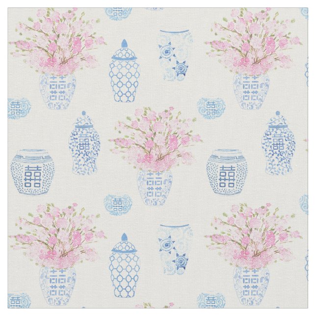 Tecido Doces Jarras de Gengibre Rosa Branco e Azul Berçár (Detalhe)