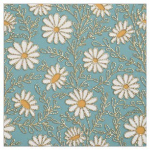 Tecido Dourado Amarelo branco-esbranquiçado Flores Azul