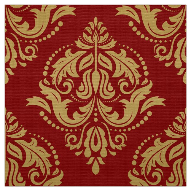 Tecido Dourado e Borgonha Vermelha Ornamentado Floral (Modelo)