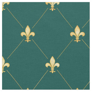 Tecido Dourado Fleur-de-Lis (escala média) Verde Teal
