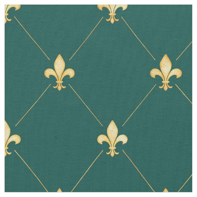 Tecido Dourado Fleur-de-Lis (escala média) Verde Teal (Detalhe)