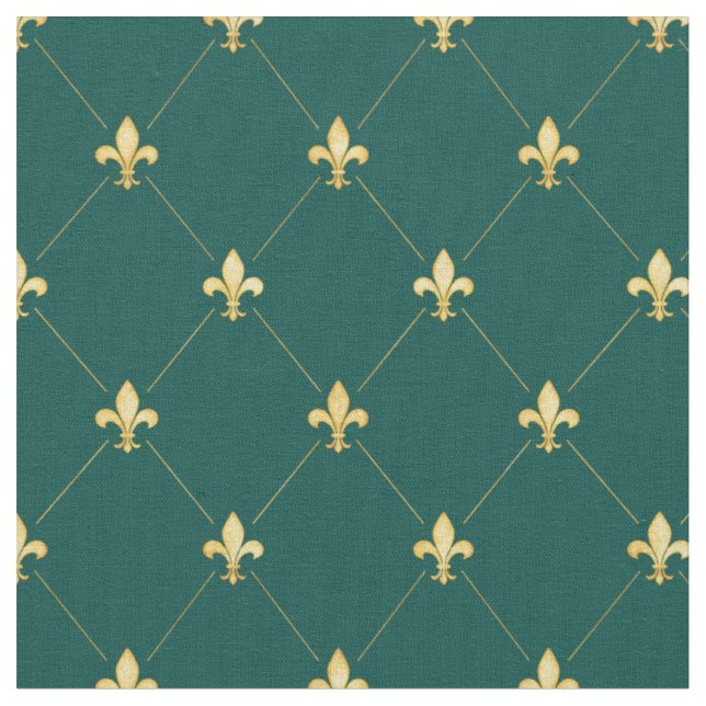 Tecido Dourado Fleur-de-Lis (pequena escala) Verde Teal (Detalhe)