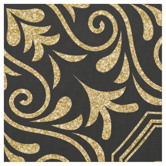 Tecido Dourado padrão floral marroquino em preto (Detalhe)