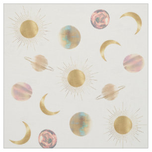 Tecido Dourado Sun Moon Planets Space Ilustração Branca