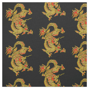 Tecido Dragão chinês vermelho e ouro